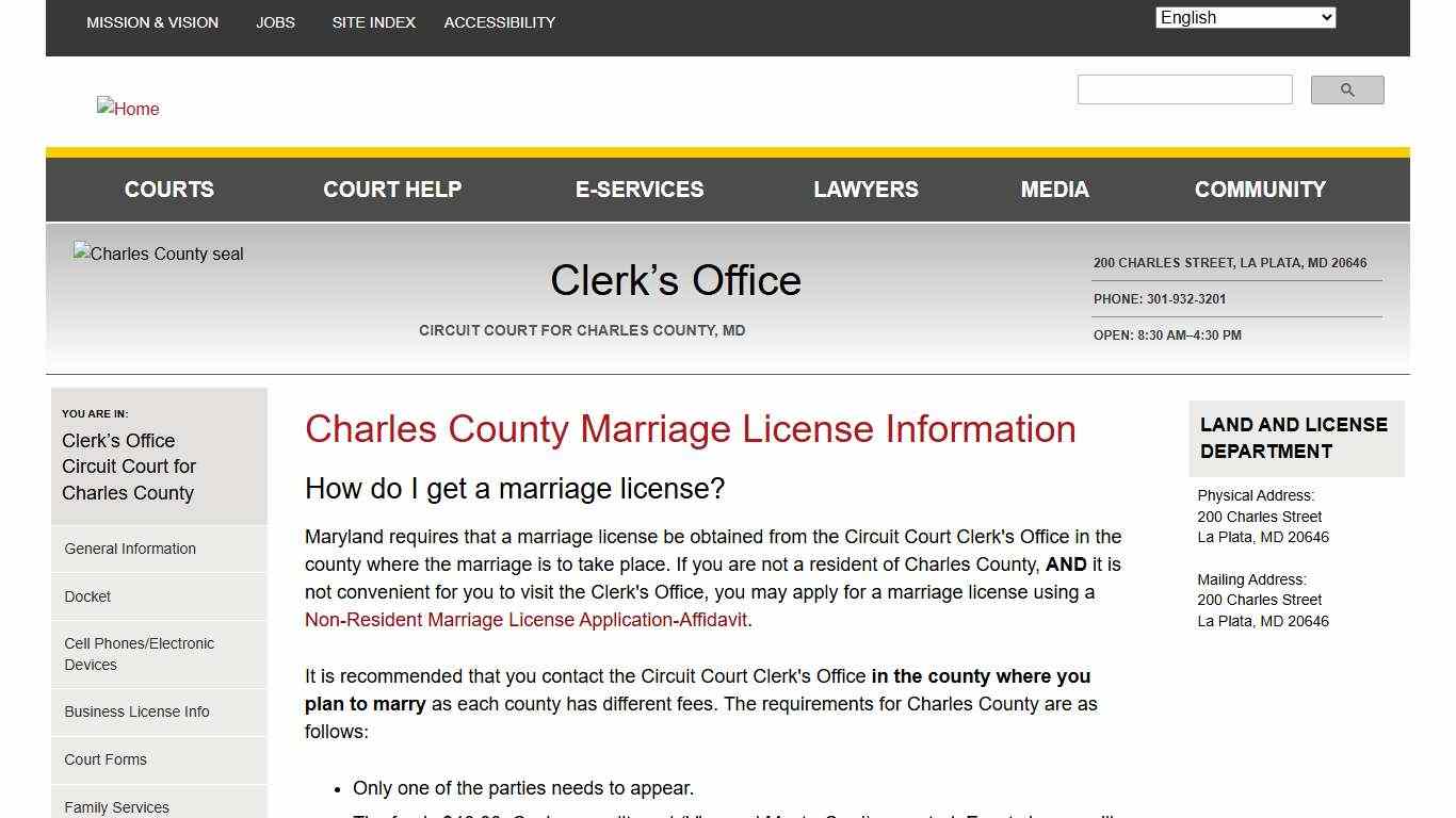 Charles County Marriage License Information Maryland Courts
