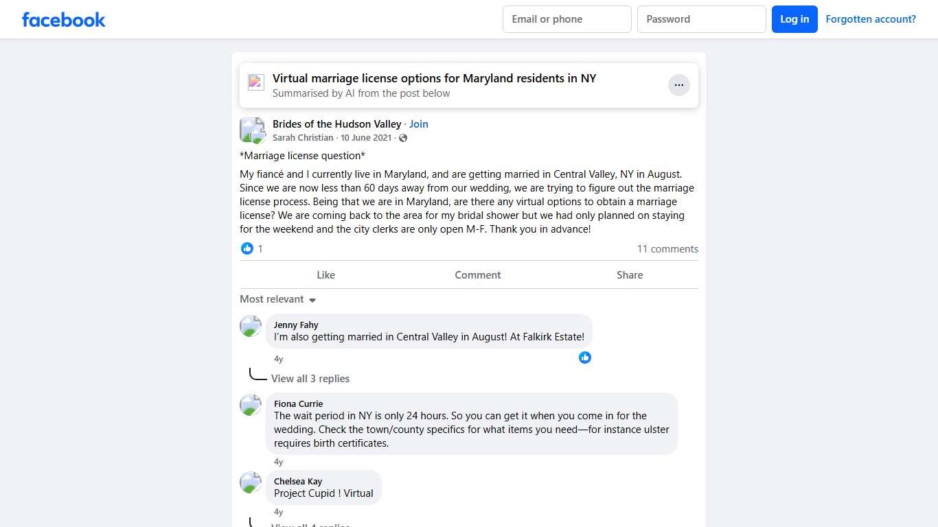 Brides of the Hudson Valley *Marriage license question* Facebook